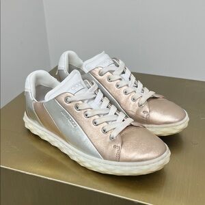 Jimmy Choo Metallic Rose Gold and Silver Leather Sneakers